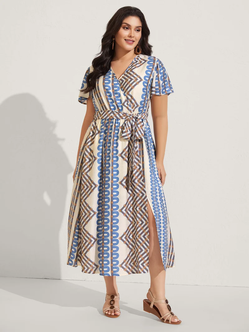 Stripe Geometric Print Slit Maxi Dress