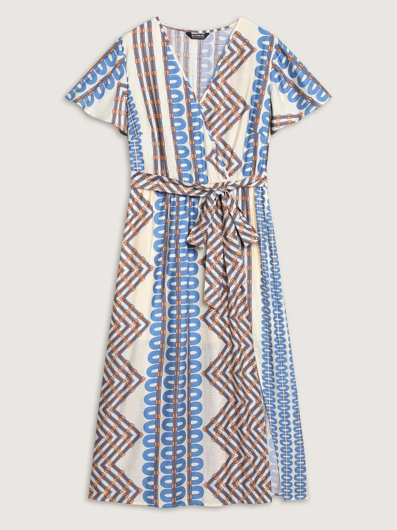 Stripe Geometric Print Slit Maxi Dress