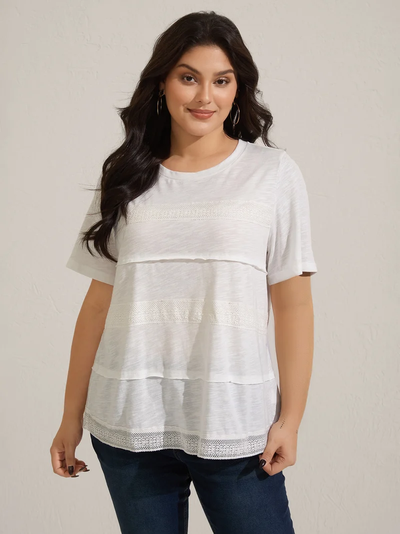 Cotton Lace Trim Sheer Solid T-Shirt