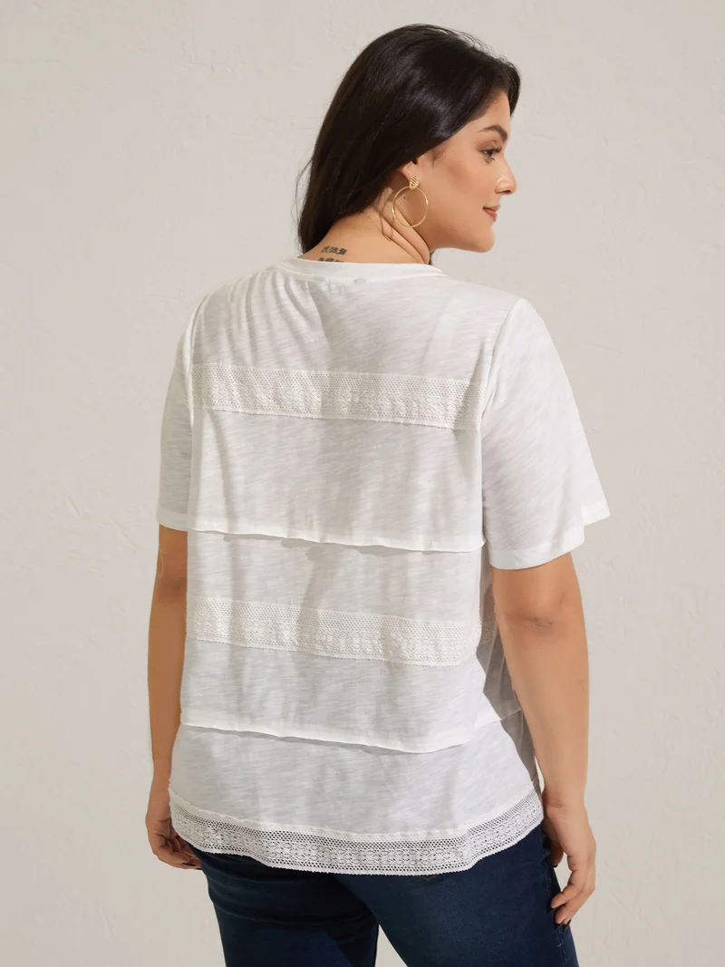 Cotton Lace Trim Sheer Solid T-Shirt