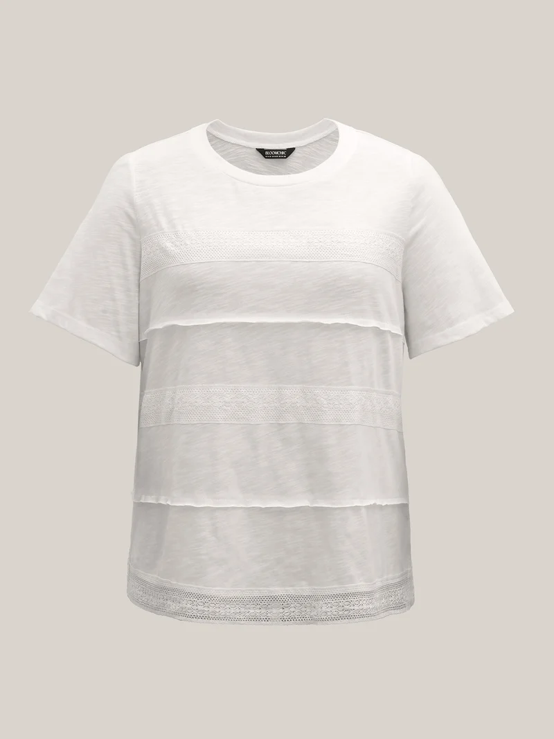 Cotton Lace Trim Sheer Solid T-Shirt