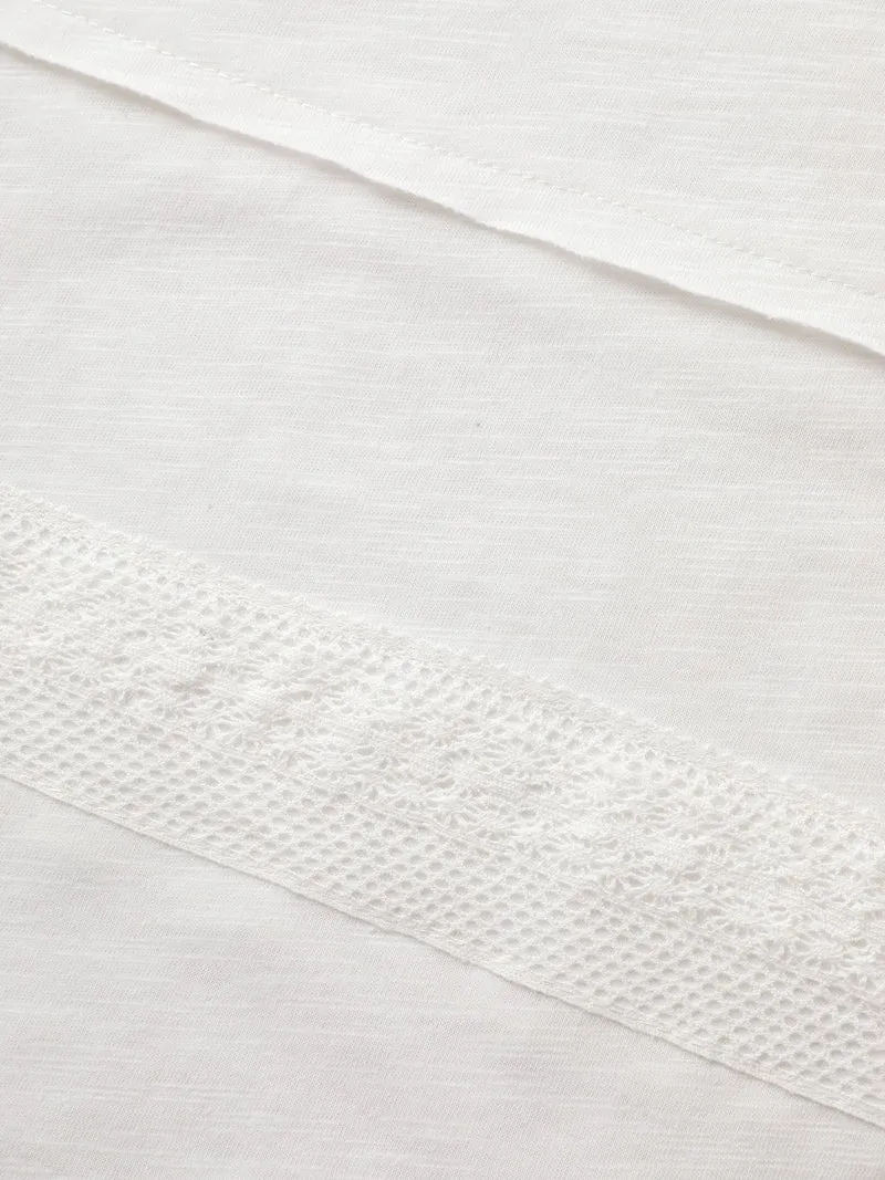 Cotton Lace Trim Sheer Solid T-Shirt