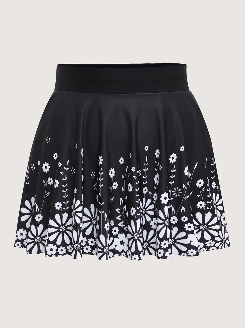 Floral Hem Pockets Pleated Swim Bottoms