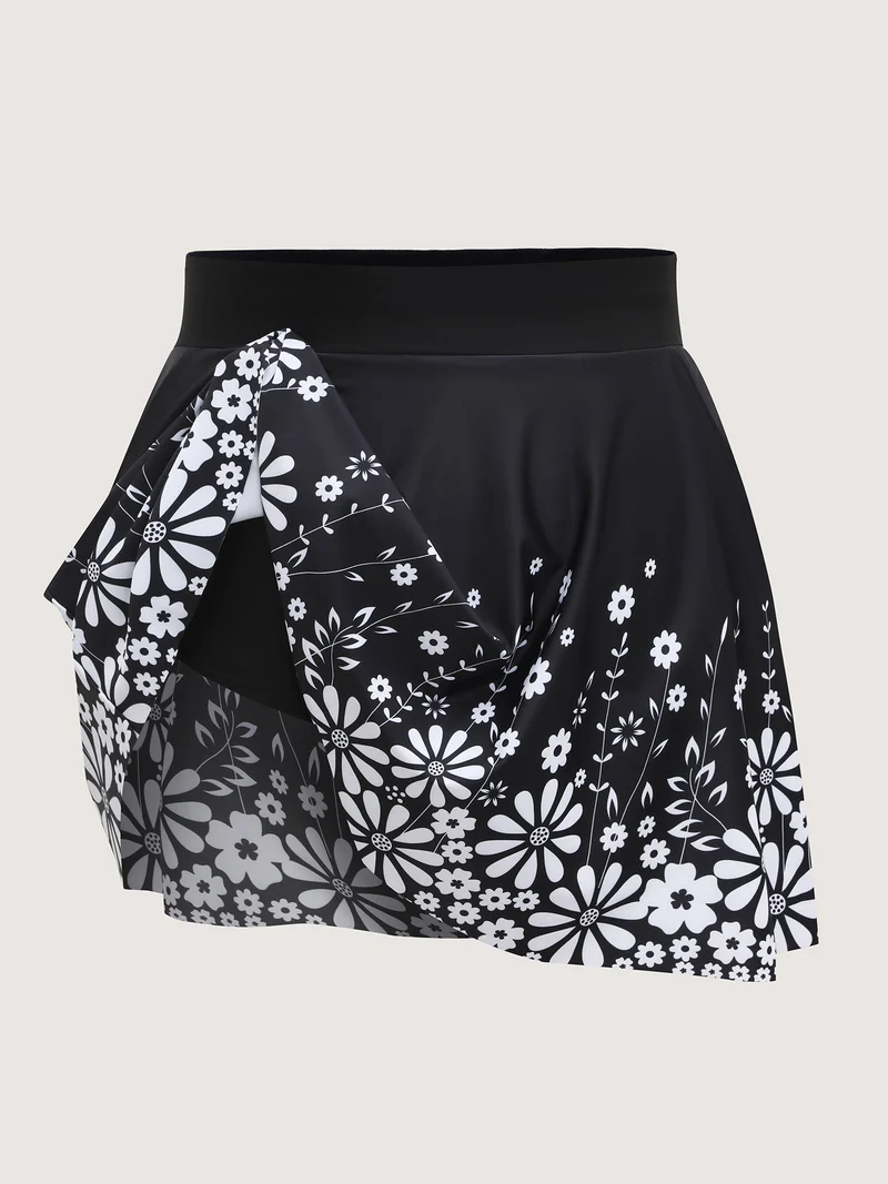 Floral Hem Pockets Pleated Swim Bottoms