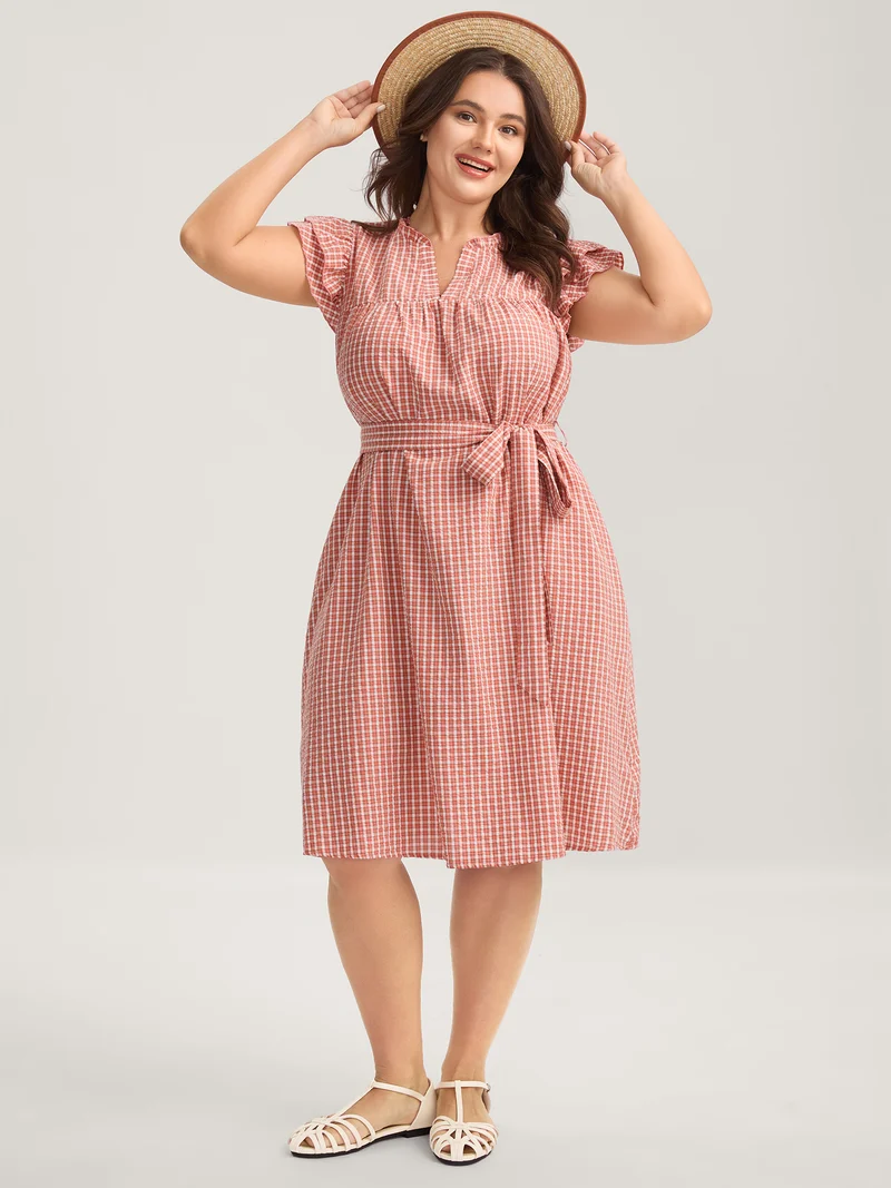 Gingham Print Belted Flutter Sleeve Midi Dress
