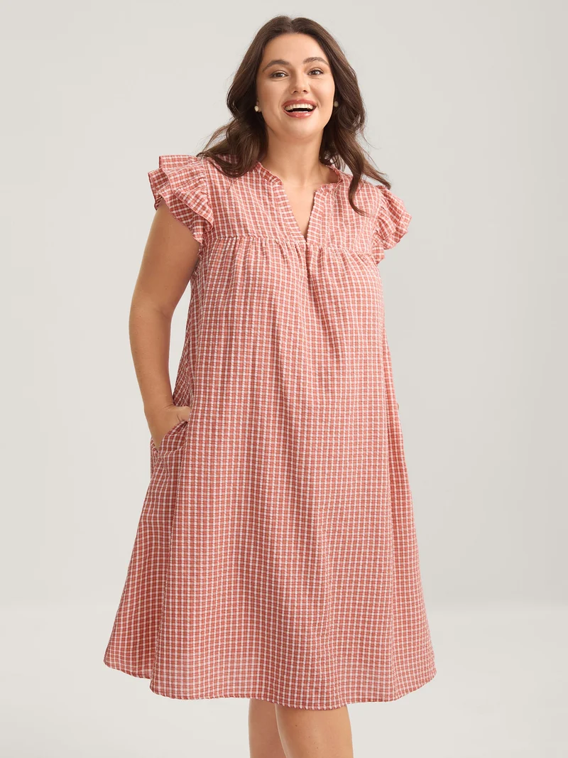 Gingham Print Belted Flutter Sleeve Midi Dress