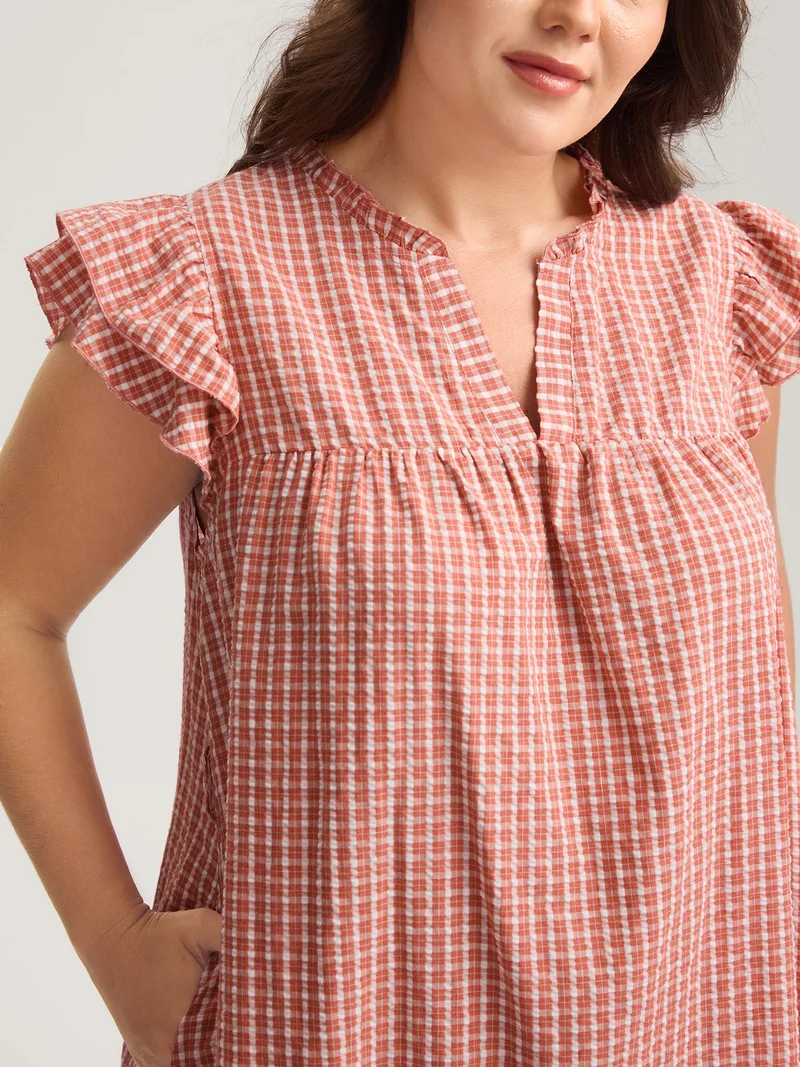 Gingham Print Belted Flutter Sleeve Midi Dress