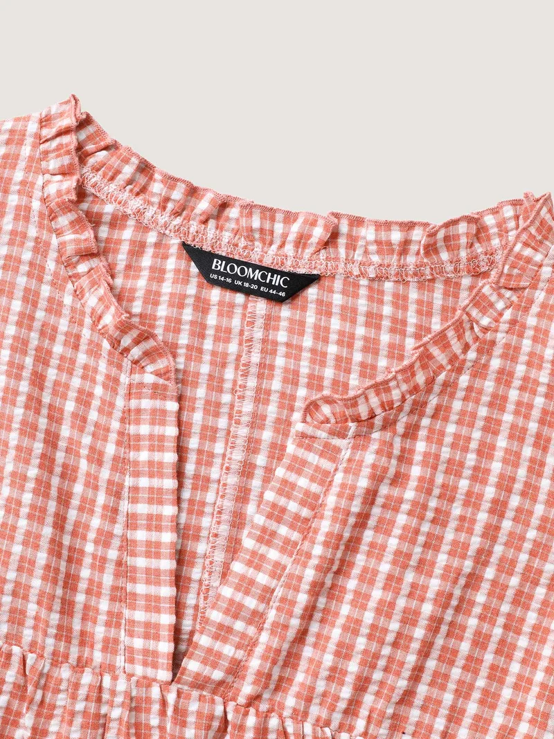 Gingham Print Belted Flutter Sleeve Midi Dress