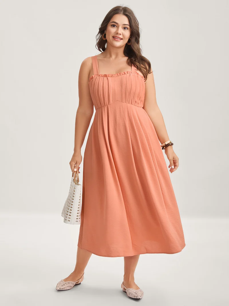 Adjustable Straps Pleated Pockets Midi Dress