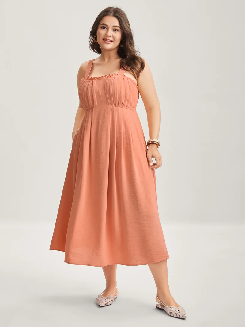 Adjustable Straps Pleated Pockets Midi Dress