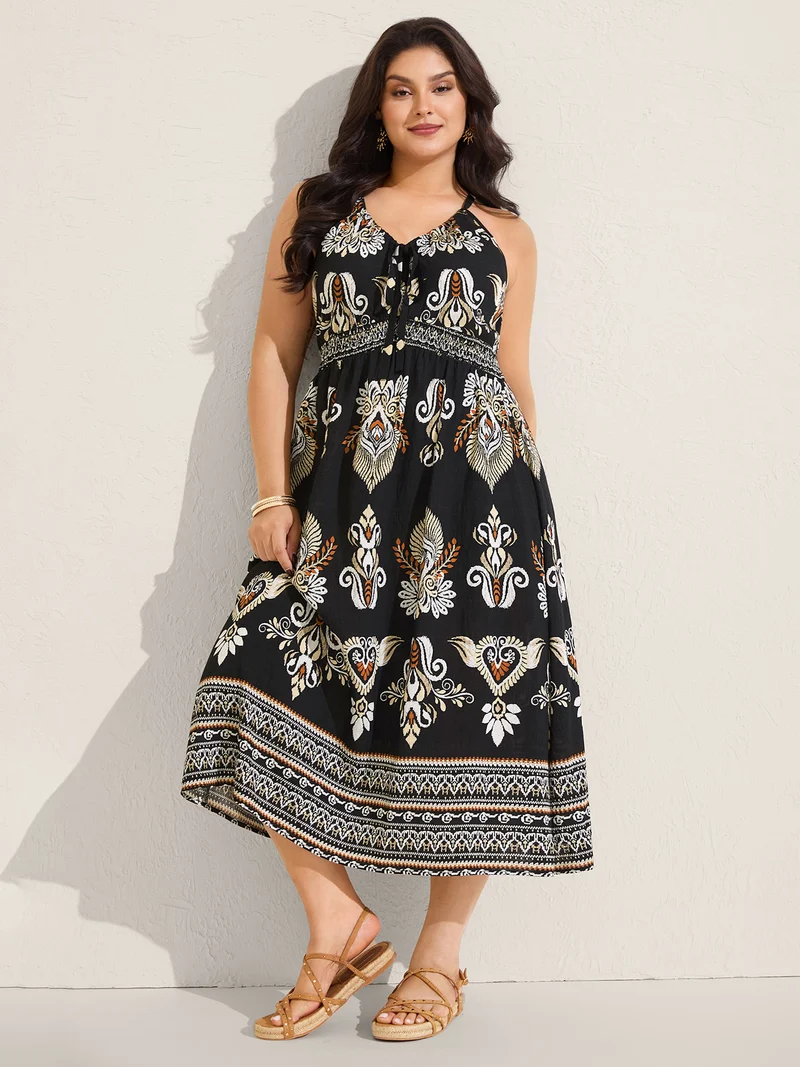 Boho Print Pockets Cinched-Waist Midi Dress