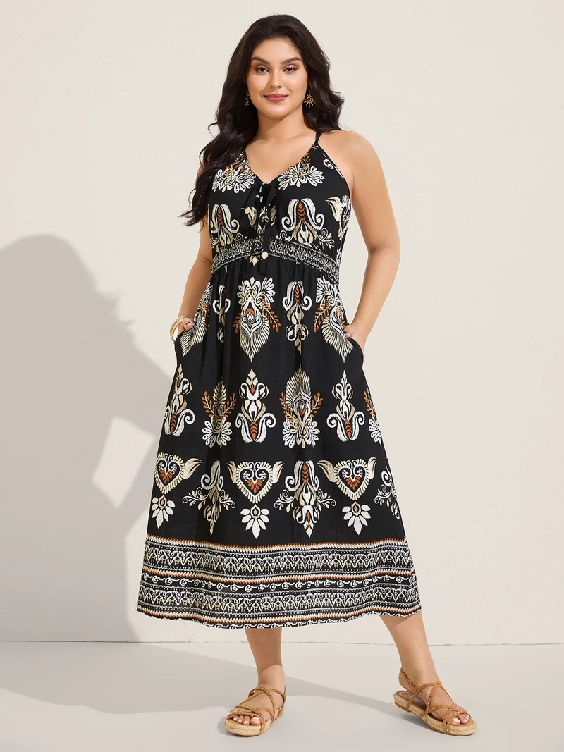 Boho Print Pockets Cinched-Waist Midi Dress