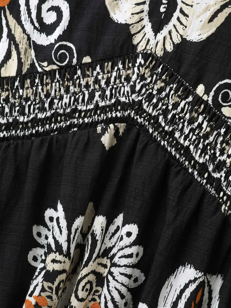 Boho Print Pockets Cinched-Waist Midi Dress