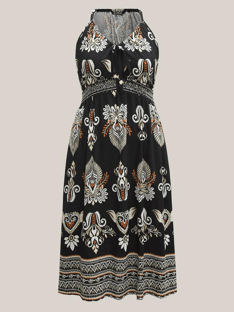 Boho Print Pockets Cinched-Waist Midi Dress