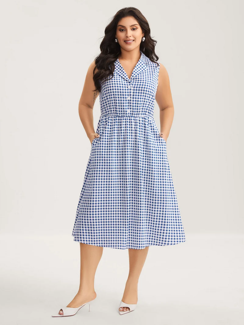 Plaid Print Button Pockets Midi Dress