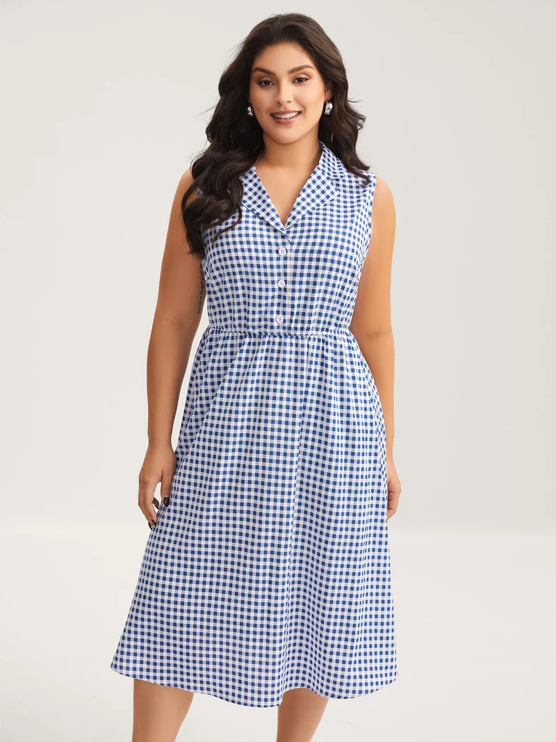 Plaid Print Button Pockets Midi Dress