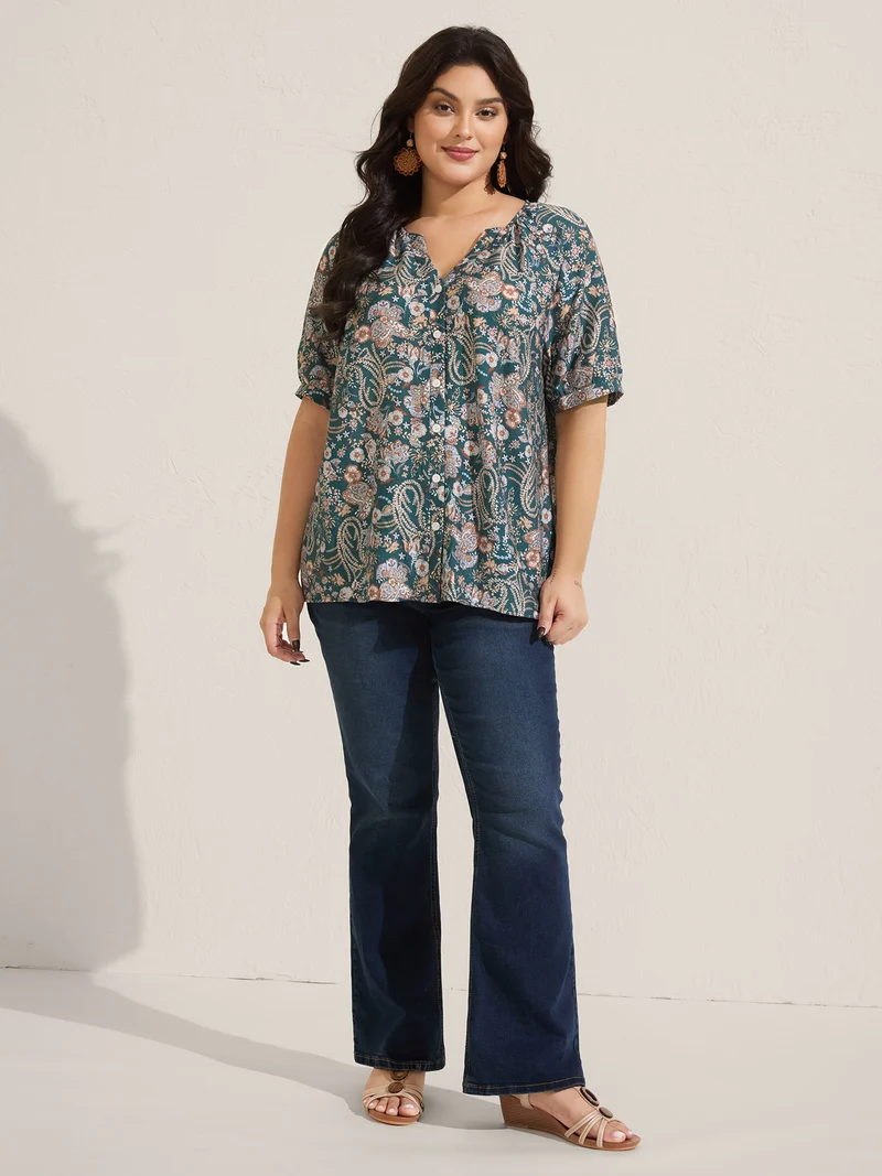 Paisley Print Button Placket Blouse