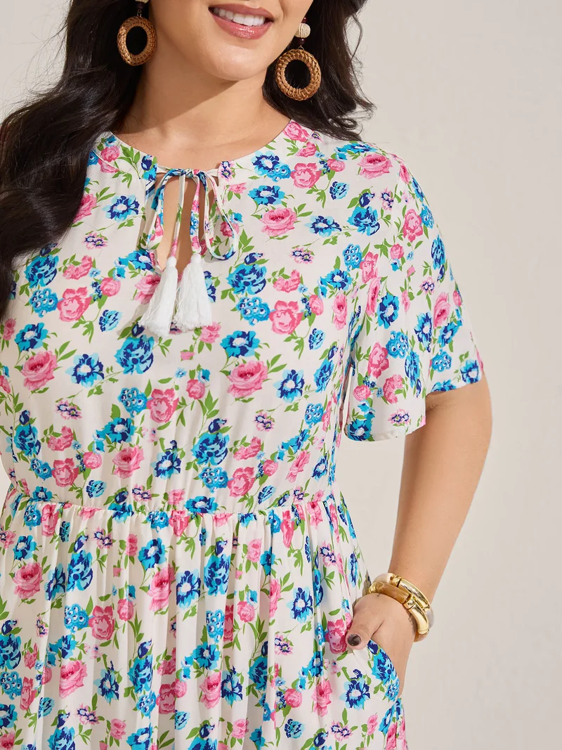 Rayon Floral Print Neck Tie Pockets Midi Dress
