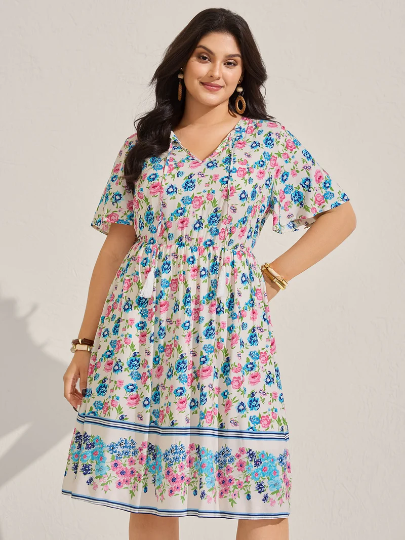 Rayon Floral Print Neck Tie Pockets Midi Dress