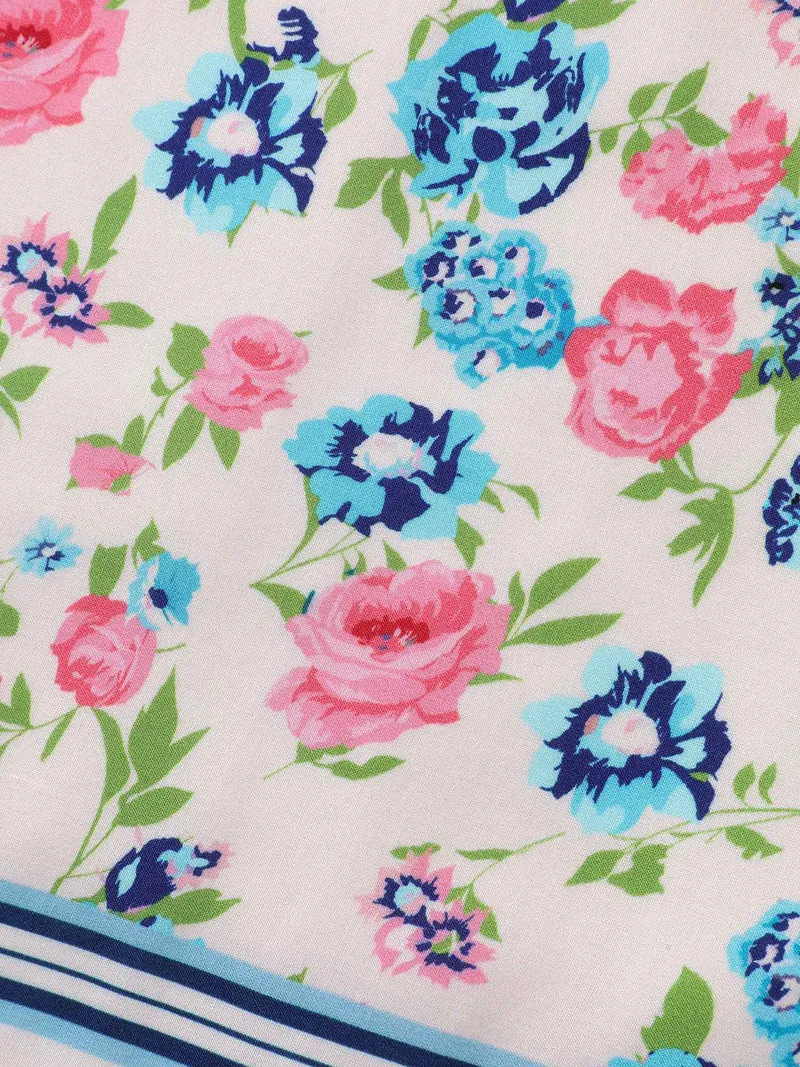 Rayon Floral Print Neck Tie Pockets Midi Dress