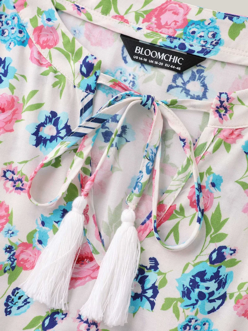 Rayon Floral Print Neck Tie Pockets Midi Dress