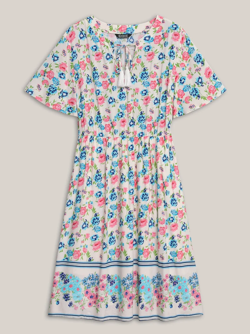 Rayon Floral Print Neck Tie Pockets Midi Dress