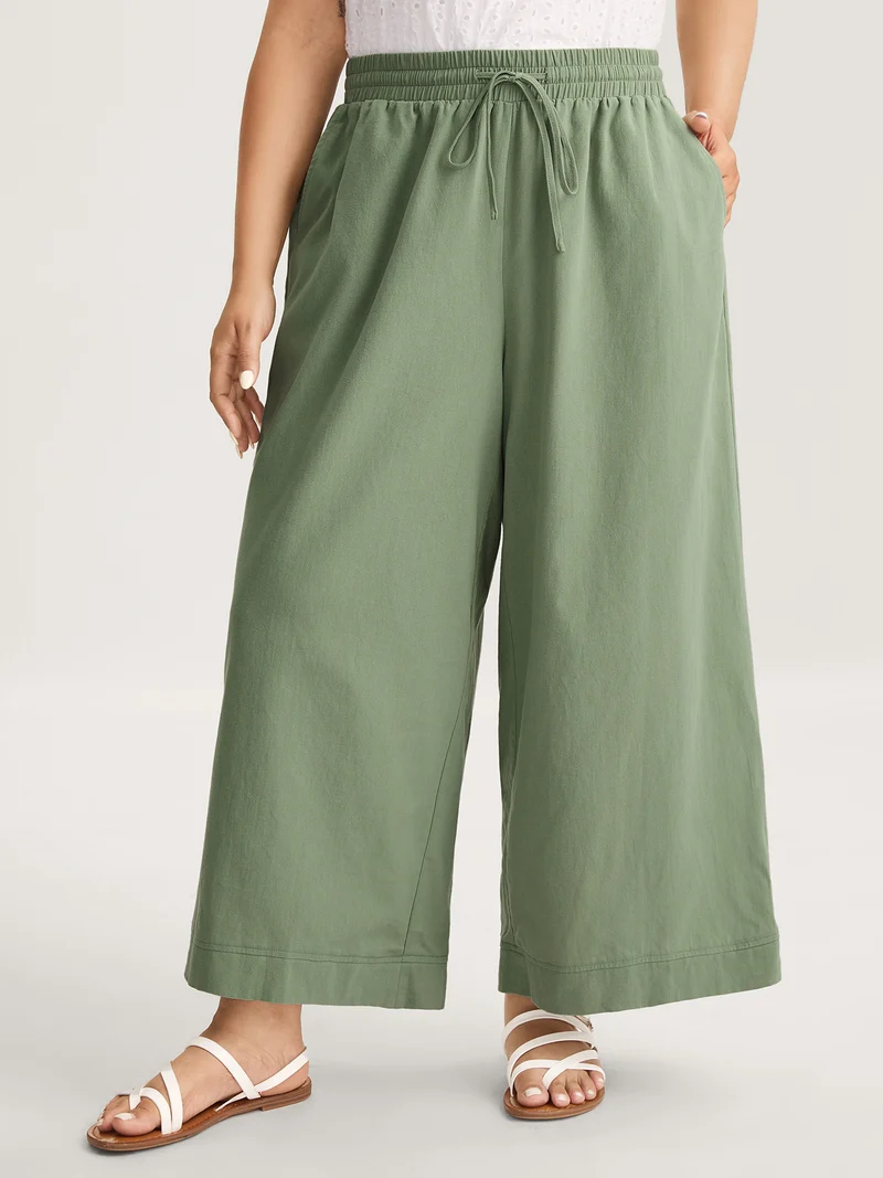 Shirred Drawstring Solid Wide-Leg Pants