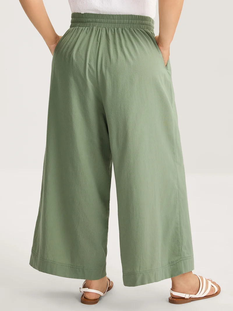 Shirred Drawstring Solid Wide-Leg Pants