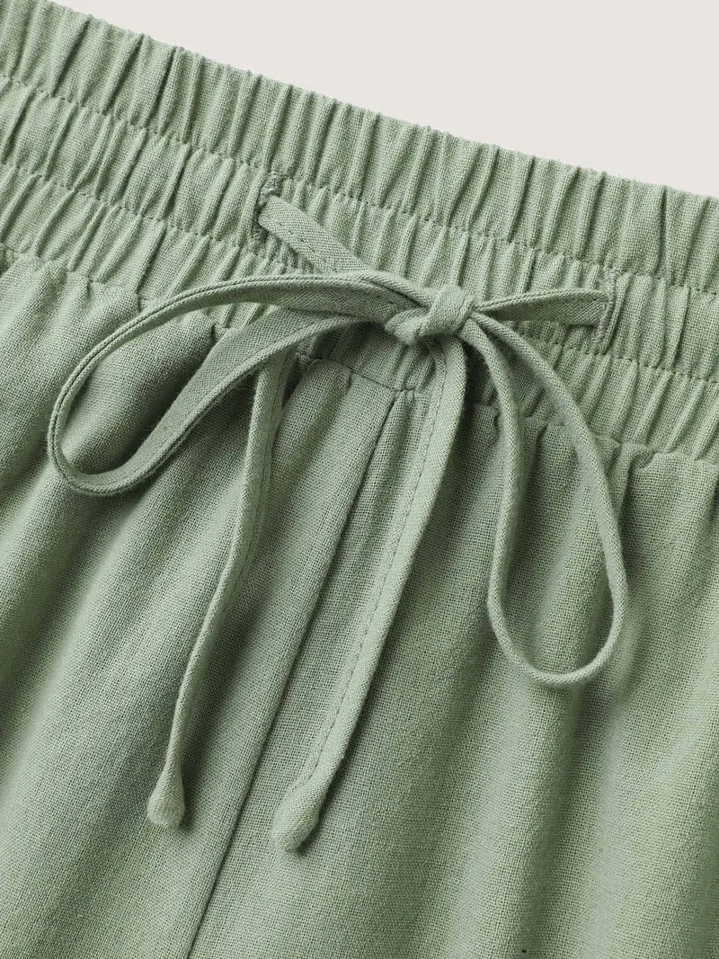 Shirred Drawstring Solid Wide-Leg Pants