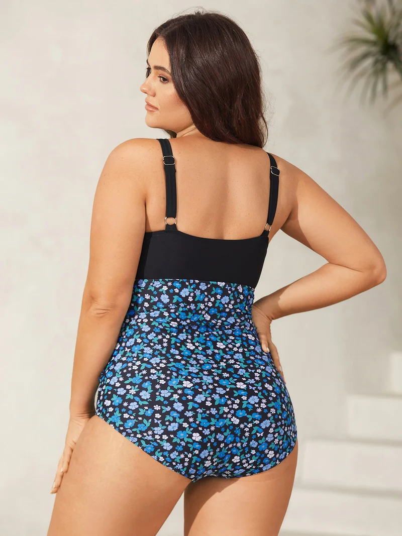 Floral Twist Contrast One-Piece Swimsuit
