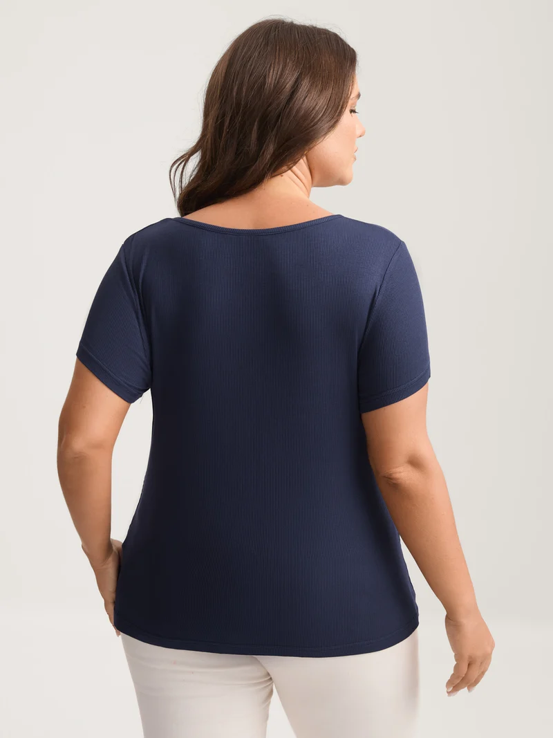 Pleated Neckline Slim-Fit Plain T-Shirt