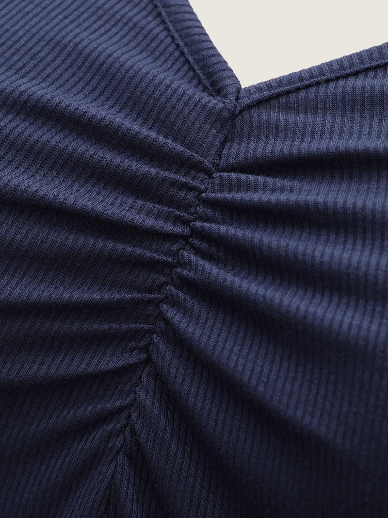 Pleated Neckline Slim-Fit Plain T-Shirt