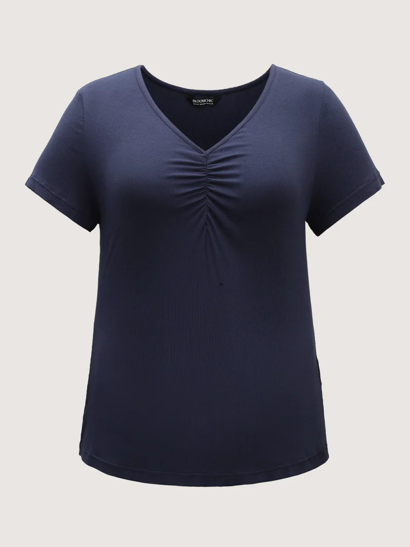 Pleated Neckline Slim-Fit Plain T-Shirt