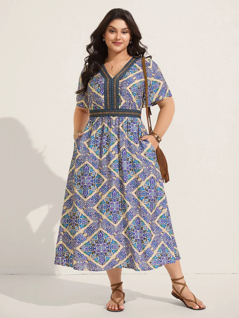 Boho Print Stretchy Waist Pockets Midi Dress