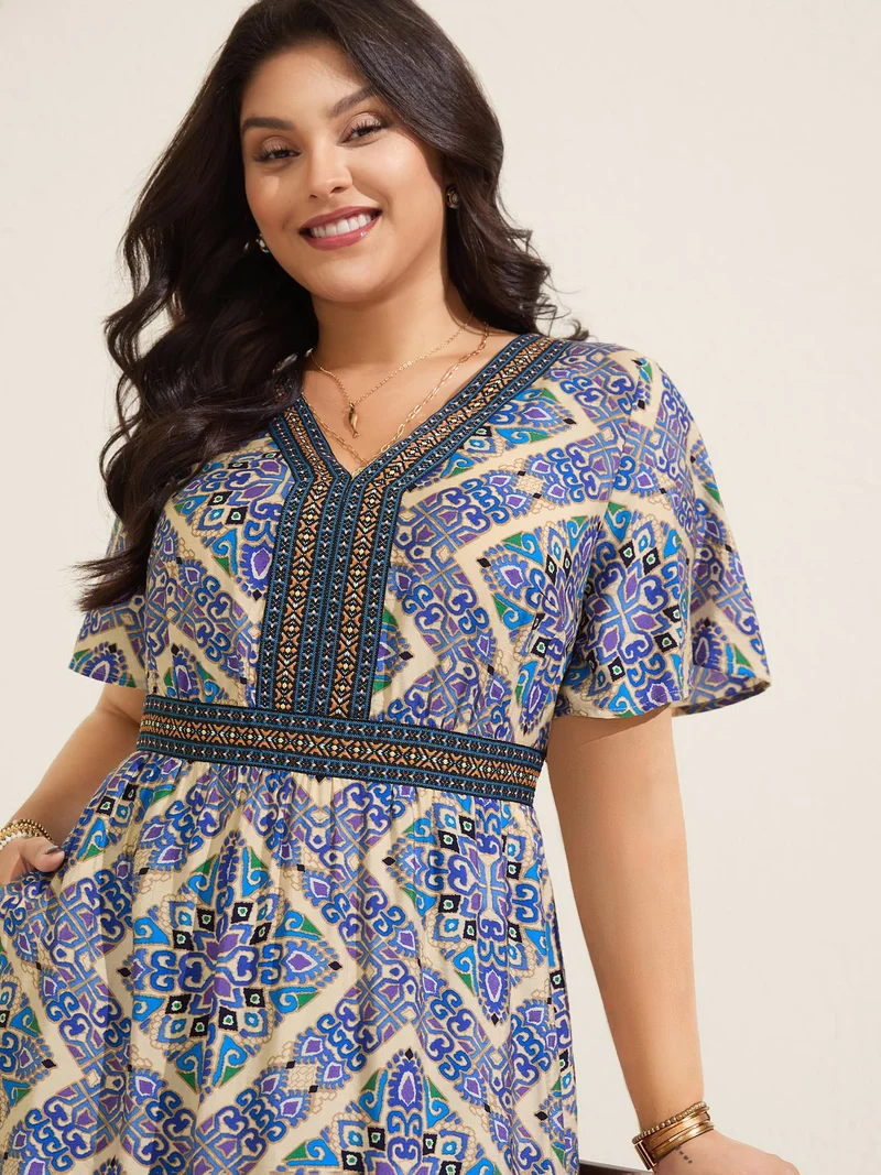 Boho Print Stretchy Waist Pockets Midi Dress