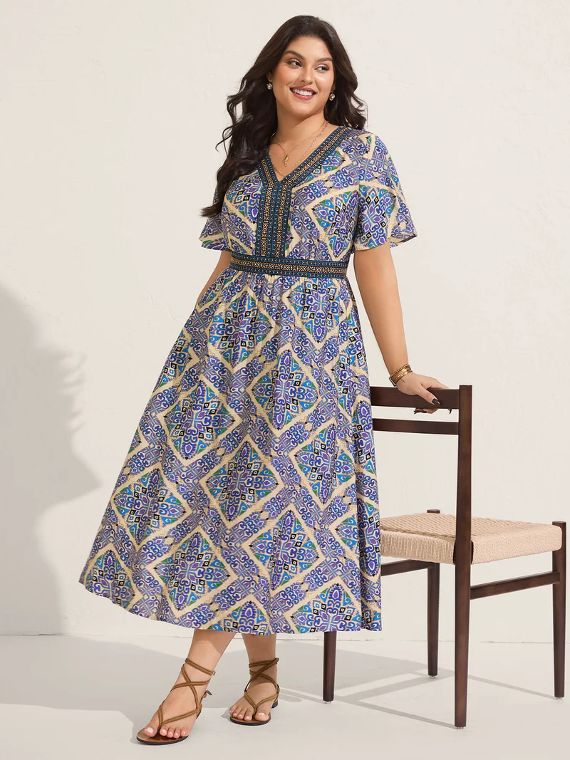 Boho Print Stretchy Waist Pockets Midi Dress