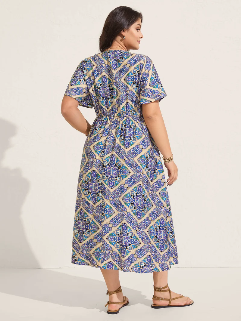Boho Print Stretchy Waist Pockets Midi Dress