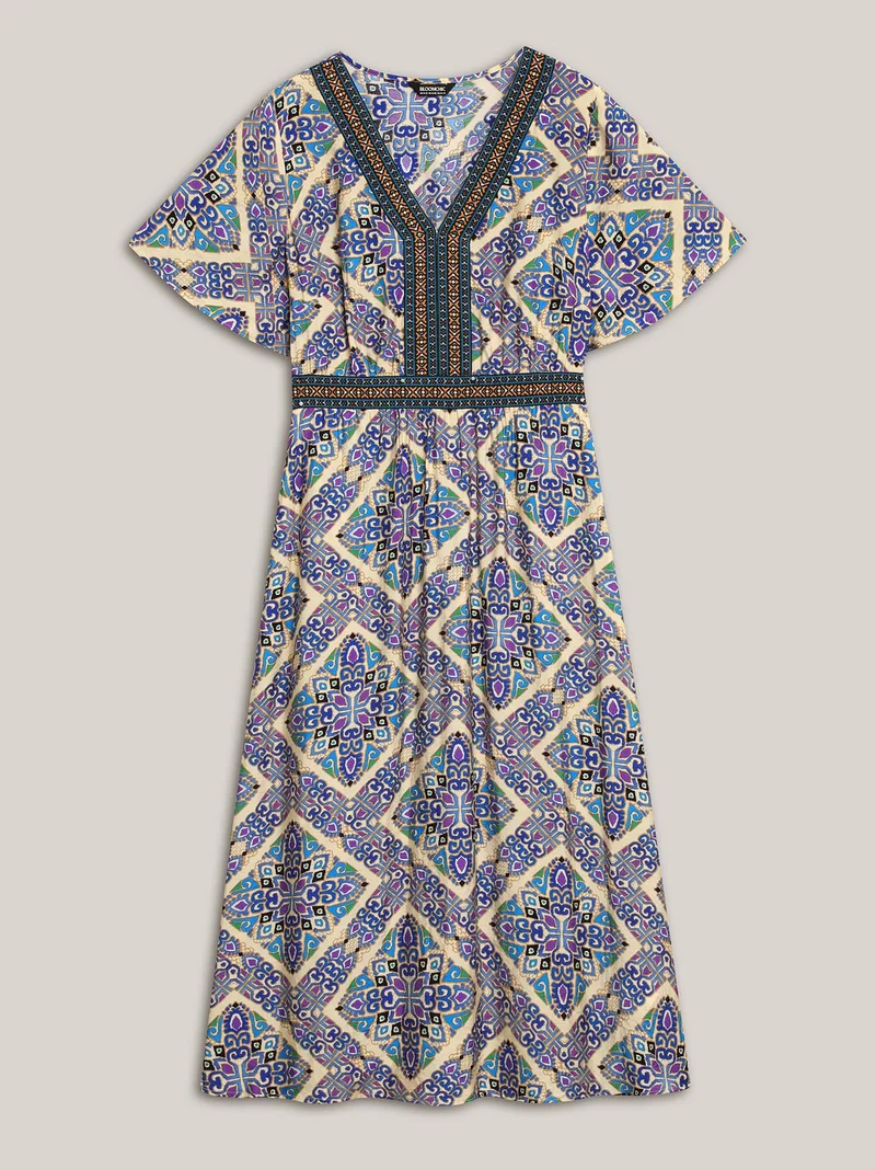 Boho Print Stretchy Waist Pockets Midi Dress