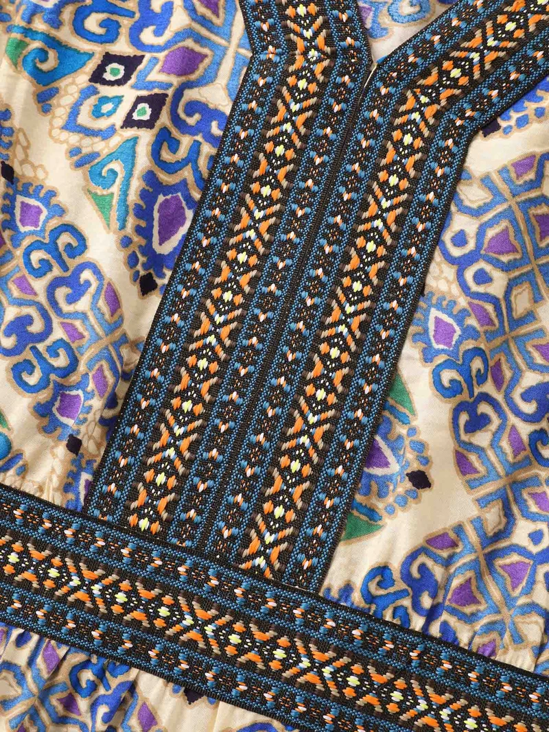 Boho Print Stretchy Waist Pockets Midi Dress