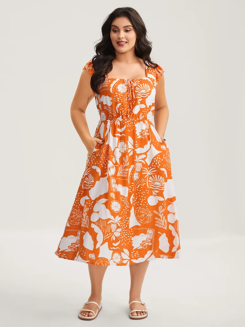 Rayon Fruity Floral Neck Tie Midi Dress