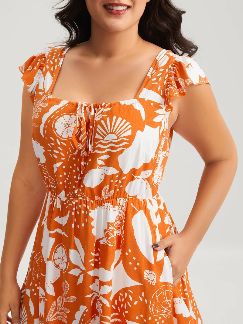 Rayon Fruity Floral Neck Tie Midi Dress