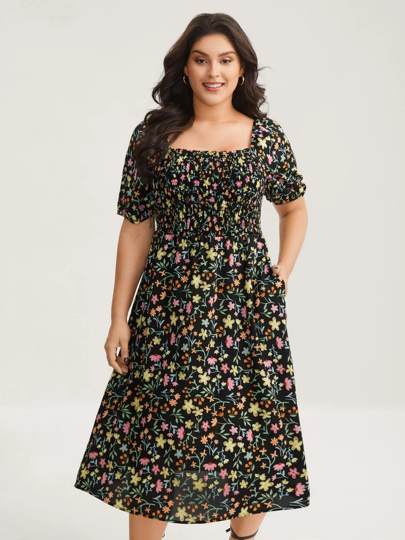 Floral Print Shirred Pockets Midi Dress