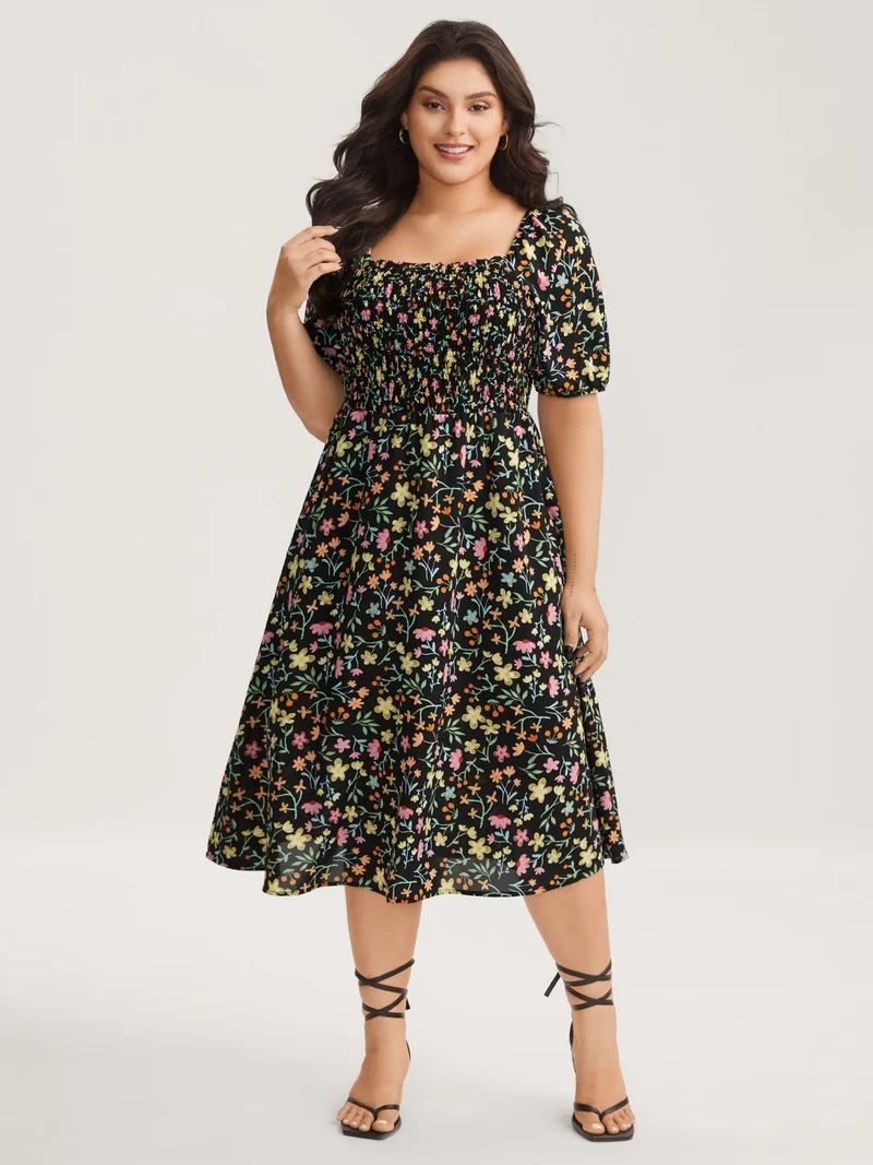 Floral Print Shirred Pockets Midi Dress