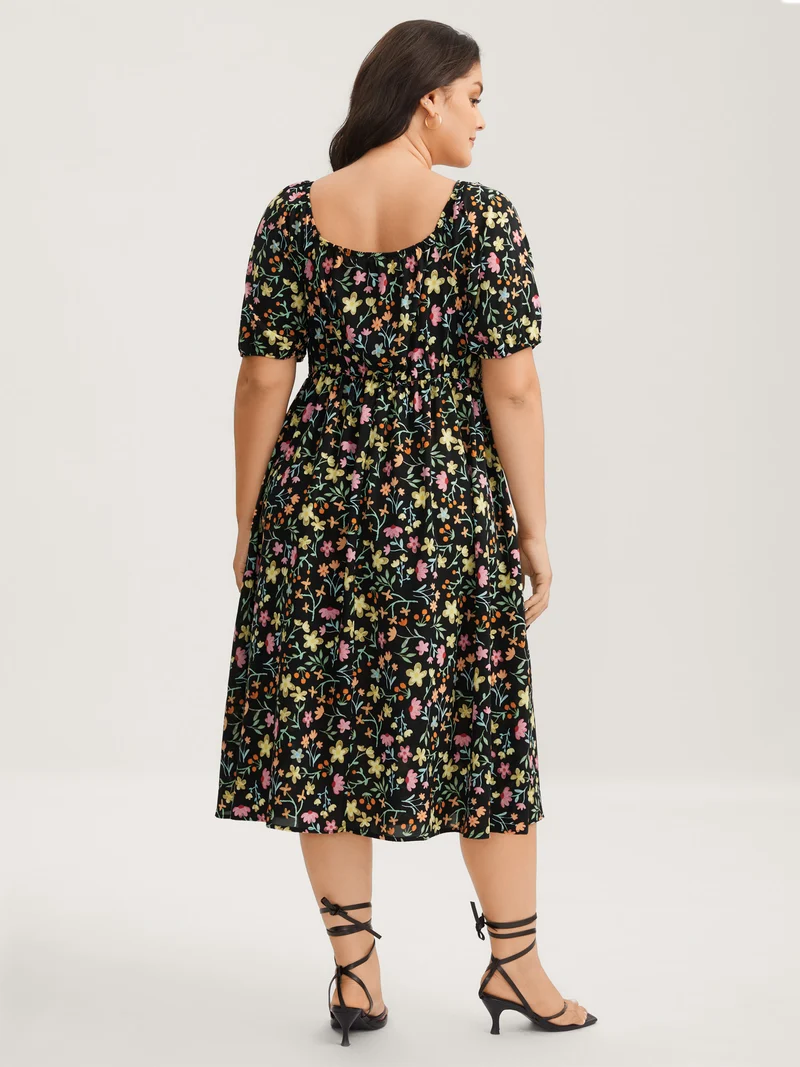 Floral Print Shirred Pockets Midi Dress
