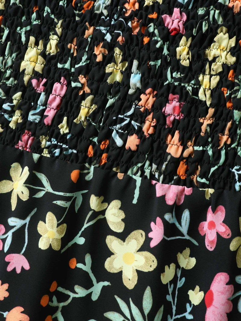 Floral Print Shirred Pockets Midi Dress