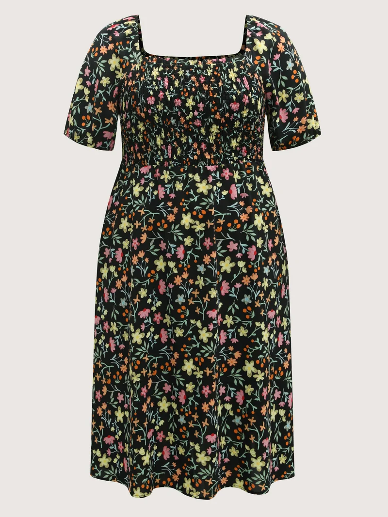 Floral Print Shirred Pockets Midi Dress