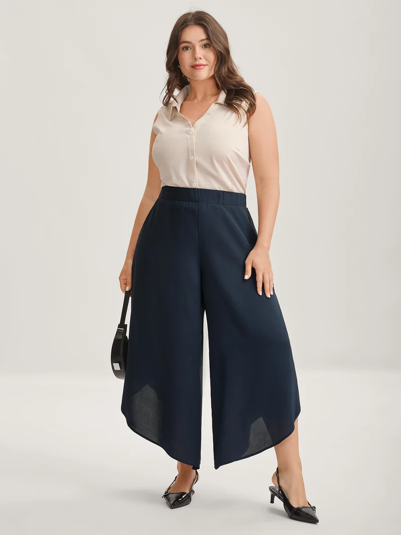 Sheer Lace Petal Hem Wide-Leg Pants