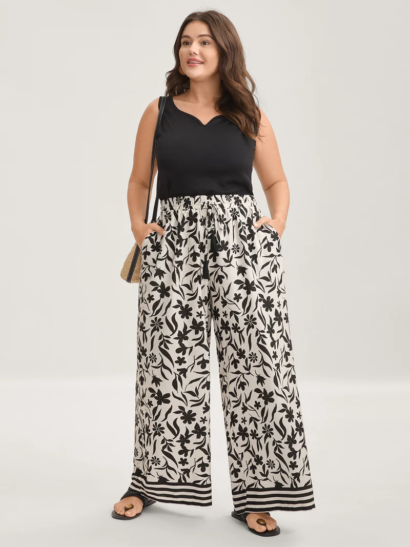 Floral Print Wide-Leg Contrast Pants