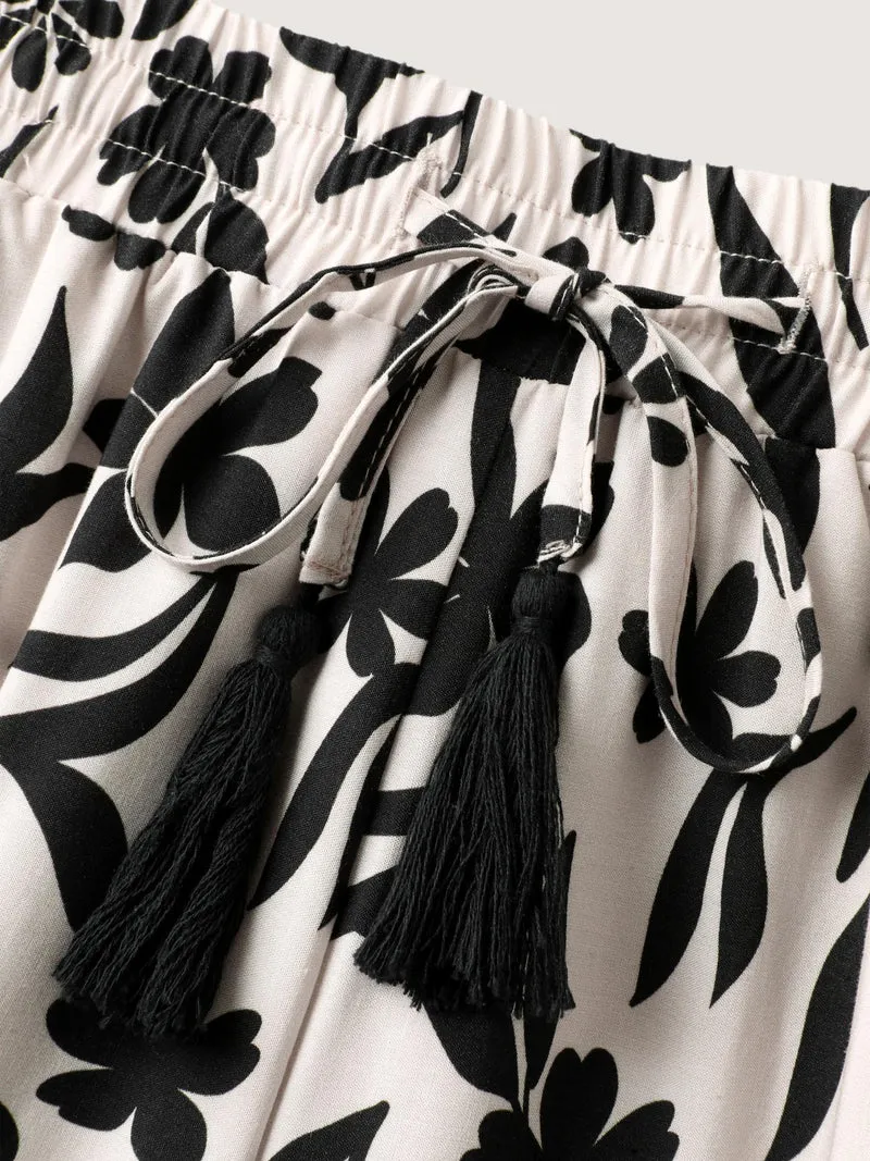 Floral Print Wide-Leg Contrast Pants