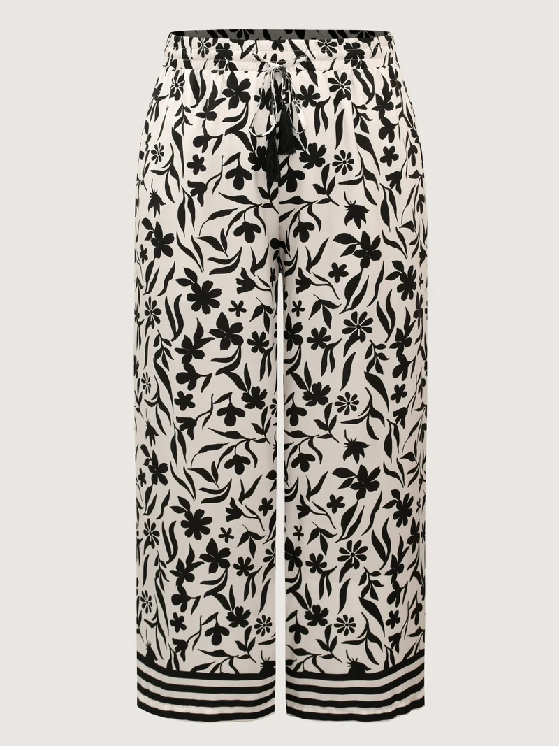 Floral Print Wide-Leg Contrast Pants